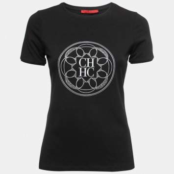 Pre Owned CH Carolina Herrera Black Cotton Logo Embroidered T-Shirt XS