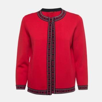 Pre Owned CH Carolina Herrera Red Knit Logo Tape Detailed Open Front Cardigan M
