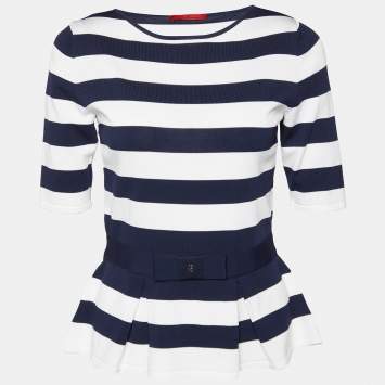 Pre Owned CH Carolina Herrera Navy Blue/White Striped Knit Peplum Top S