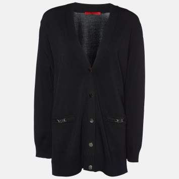 Pre Owned CH Carolina Herrera Black Knit Button Front Cardigan L