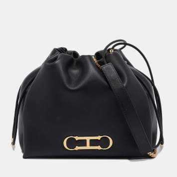 Pre Owned CH Carolina Herrera Black Leather Medium Initials Insignia Soft Bucket Bag 