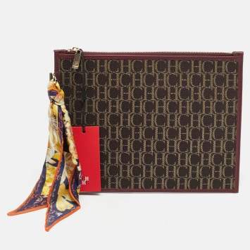 Pre Owned CH Carolina Herrera Continental Brown/Burgundy Monogram Canvas and Leather Pouch