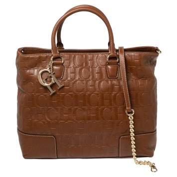 مملوكة مسبقًا CH Carolina Herrera Brown Monogram Embossed Leather Charm Tote