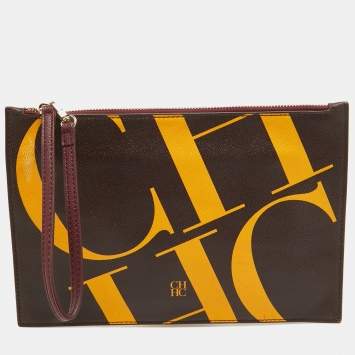 Pre Owned CH Carolina Herrera Brown/Yellow Monogram Coated Canvas Wristlet Clutch