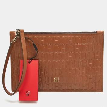 Pre Owned CH Carolina Herrera Brown Monogram Embossed Leather Wrsitlet Clutch