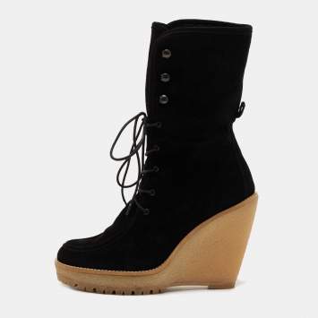Pre Owned CH Carolina Herrera Black Suede Mid Calf Wedge Boots Size 38