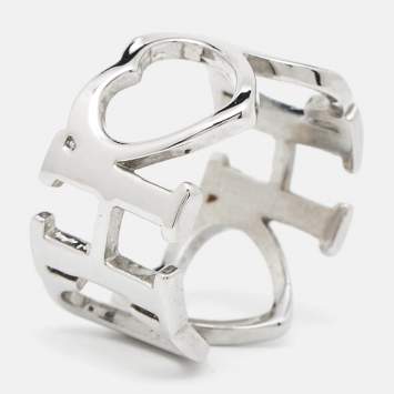 Pre Owned CH Carolina Herrera Silver Tone Logo & Heart Band Ring Size EU 53