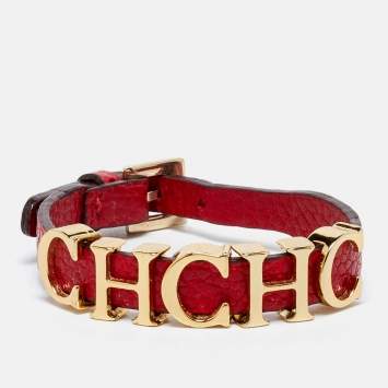 Pre Owned CH Carolina Herrera Red Leather Logo Wrap Bracelet