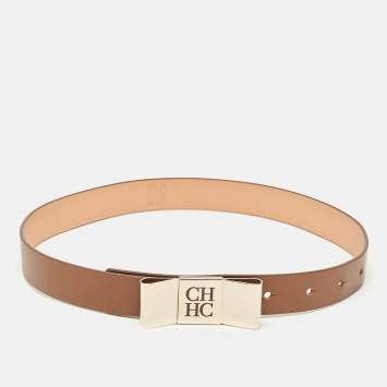 Pre Owned CH Carolina Herrera Brown Leather Metal Bow Buckle Belt 75 CM