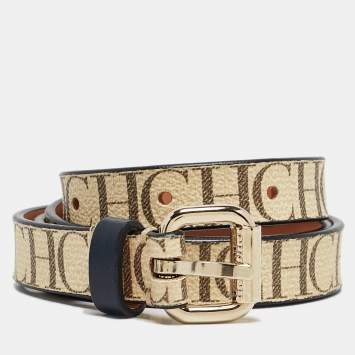 Pre Owned CH Carolina Herrera Beige/Brown Monogram Coated Canvas Slim Belt 80 CM