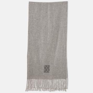 Pre Owned CH Carolina Herrera Grey Logo Embroidery Cashmere Fringed Scarf 