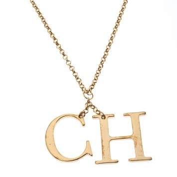 Pre Owned CH Carolina Herrera Logo Charm Gold Tone Long Toggle Pendant Necklace