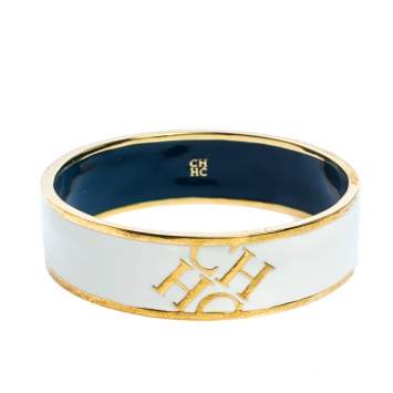 Pre Owned Carolina Herrera CH Logo White Enamel Bangle Bracelet