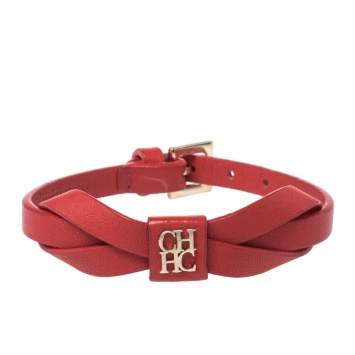 Pre Owned CH Carolina Herrera Red Leather Ribbon Motif Gold Tone Bracelet