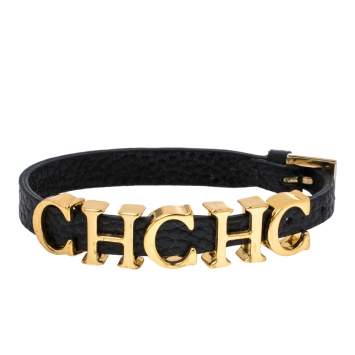 Pre Owned Carolina Herrera Black Leather Logo Charms Adriana Bracelet
