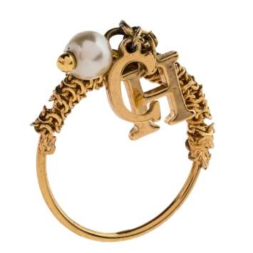 Pre Owned CH Carolina Herrera Gold Tone Logo Charms Ring Size EU 50.5