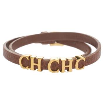 Pre Owned Carolina Herrera Brown Leather CH Logo Double Tour Bracelet