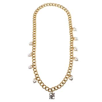 Pre Owned Carolina Herrera Faux Pearl Long Chain Link Necklace