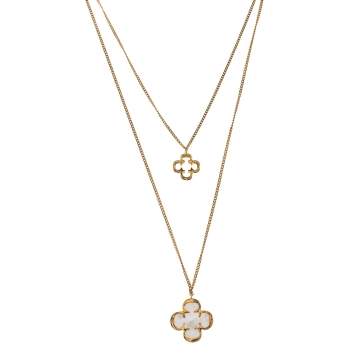Pre Owned CH Carolina Herrera Rosetta Insignia Mother of Pearl Gold Tone Double Chain Necklace