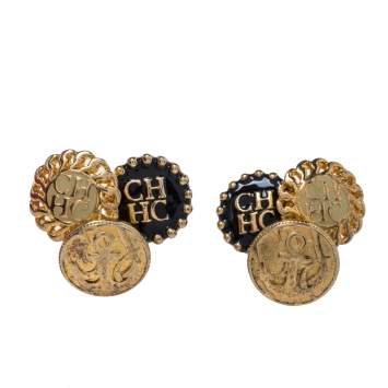 Pre Owned   CH Carolina Herrera Gold Tone Enamel Logo Stud Earrings