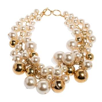 Pre Owned CH Carolina Herrera Crystal Metal Bead and Faux Pearl Cluster Toggle Necklace