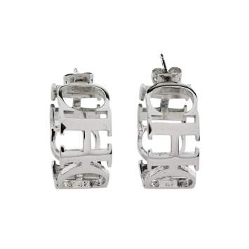 Pre Owned CH Carolina Herrera Logo Silver Tone Hoop Earrings