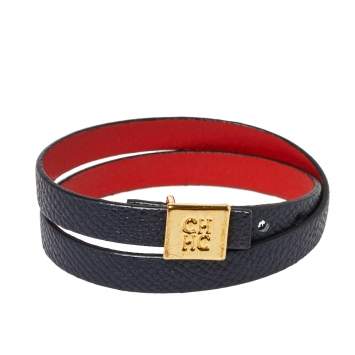 Pre Owned CH Carolina Herrera Black Leather Double Wrap Bracelet