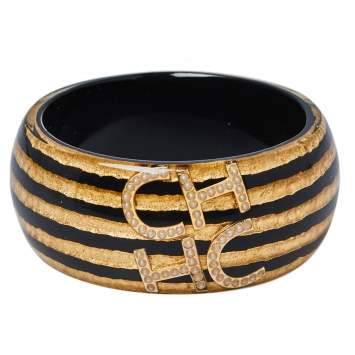Pre Owned CH Carolina Herrera Faux Pearl Black and Gold Tone Resin Wide Bangle