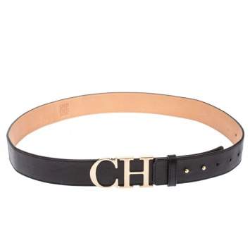 Pre Owned Carolina Herrera Black Leather CH Buckle Belt 95 CM