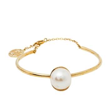 Pre Owned CH Carolina Herrera Faux Pearl Gold Tone Cuff Bracelet