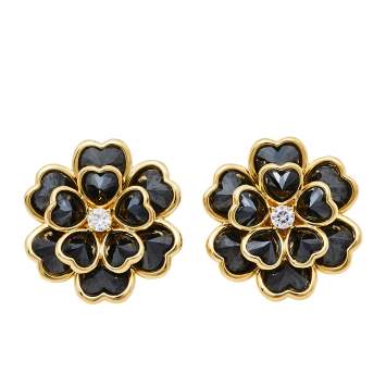 Pre Owned CH Carolina Herrera Black Crystal Floral Stud Earrings