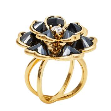 Pre Owned CH Carolina Herrera Black Floral Crystal Cocktail Ring Size EU 56