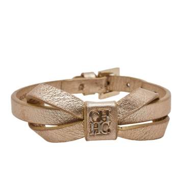 Pre Owned CH Carolina Herrera Metallic Gold Leather Ribbon Bracelet