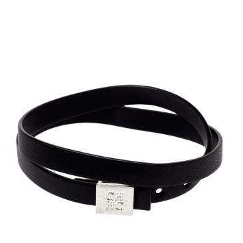 Pre Owned CH Carolina Herrera Black Leather Let it Glow Double Loop Bracelet