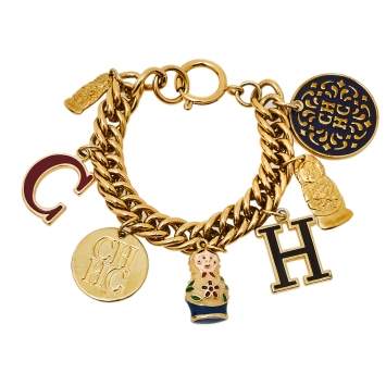 Pre Owned Carolina Herrera Enameled Russian Doll Charm Gold Tone Bracelet