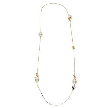 Pre Owned Carolina Herrera Gold Tone Faux Pearl Station Long Necklace