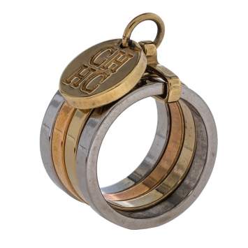 Pre Owned CH Carolina Herrera Three Tone Metal Bands Charm Ring Size EU 50.5