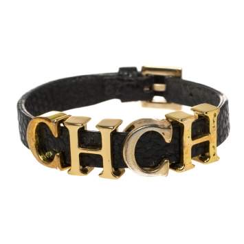 Pre Owned Carolina Herrera Black Leather Gold Tone Adriana Bracelet