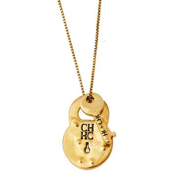 Pre Owned CH Carolina Herrera Vintage Gold Tone Lock & Key Pendant Chain Necklace
