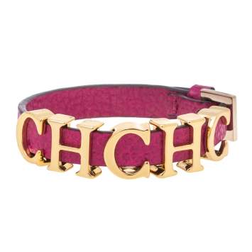 Pre Owned CH Carolina Herrera Pink Leather Logo Wrap Bracelet