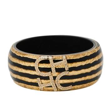 Pre Owned CH Carolina Herrera Black/Gold Resin Gold Tone Wide Bangle Bracelet
