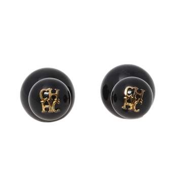 Pre Owned CH Carolina Herrera Black Enamel Gold Tone Stud Earrings