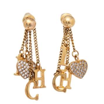 Pre Owned CH Carolina Herrera Crystal Gold Tone Tassel Dangle Earrings