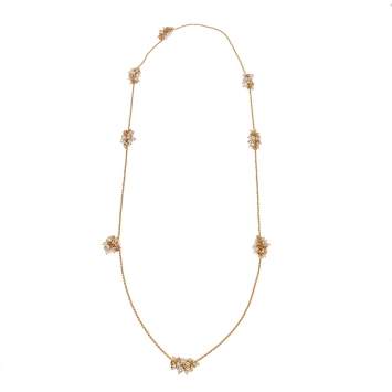 Pre Owned CH Carolina Herrera Faux Pearl & Crystal Embellished Gold Tone Long Station Necklace