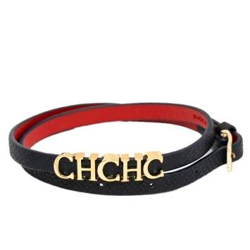 Pre Owned CH Carolina Herrera Navy Blue Leather Logo Double Wrap Bracelet