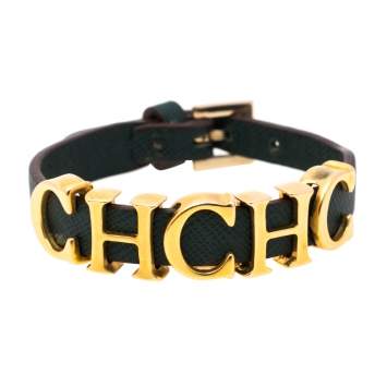 Pre Owned CH Carolina Herrera Green Leather Logo Wrap Bracelet