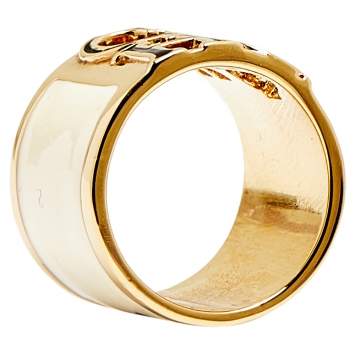 Pre Owned CH Carolina Herrera Logo Off White Enamel Gold Tone Wide Band Ring Size 54.5