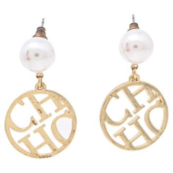 Pre Owned CH Carolina Herrera Gold Tone Logo Drop Earrings