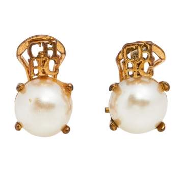 Pre Owned Carolina Herrera Faux Peal Gold Tone Logo Earrings