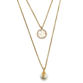 Pre Owned CH Carolina Herrera Gold Tone Faux Pearl & Crystal Embellished Logo Duo Necklace